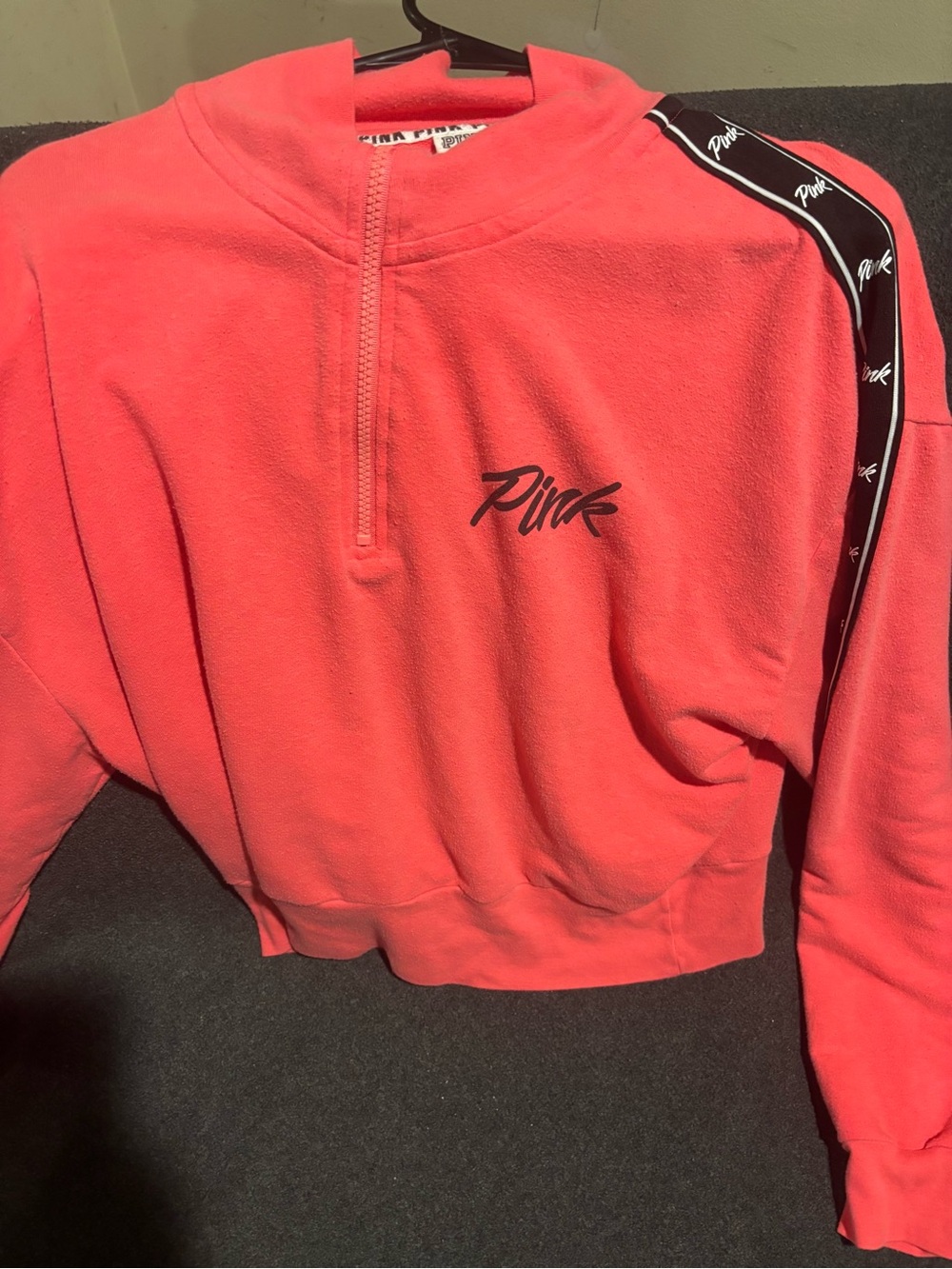 PINK Victoria's Secret Coral Half-Zip Pullover with Logo Tape